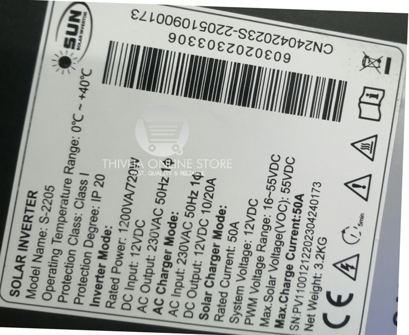 12V 720W/1200VA Solar Inverter With Charger Plus PV Input - SUN