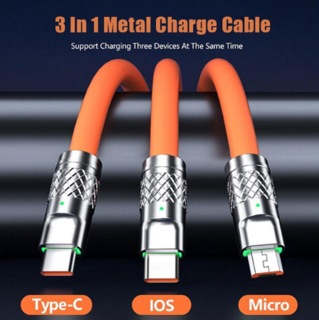 3in1 Super Fast 120w USB Charger Cable Compatible with iPhone Samsung Android