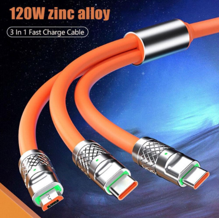 3in1 Super Fast 120w USB Charger Cable Compatible with iPhone Samsung Android