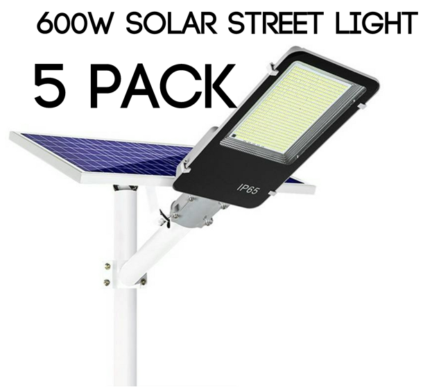 600W Solar Street Light with Remote, Bracket & Pole - 5 PACK