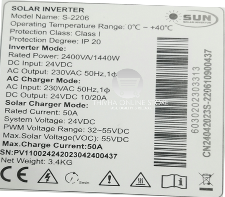 24V 1440W/2400VA Solar Inverter With Charger Plus PV Input - SUN