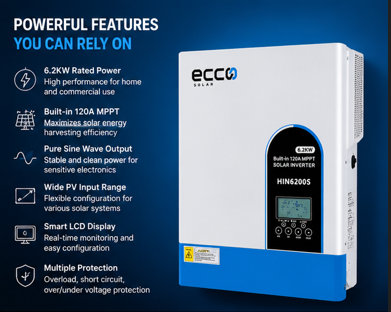6.2 Kva 62000w Hybrid Inverter 48v MPPT 120A Inverter Pure Sine Wave - Ecco