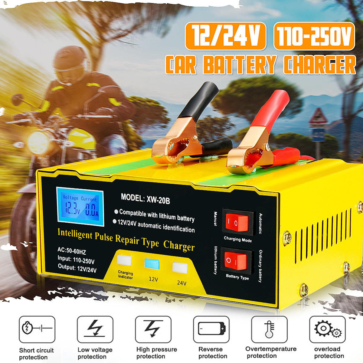 12V/24V Car Battery Charger Full Auto Intelligent 10A Pulse Repair Maintenance