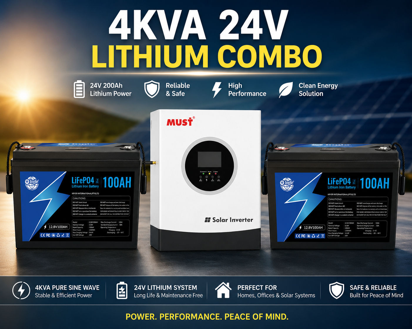 4KVA 24v Hybrid Inverter  2x 12v 100ah Lithium Battery