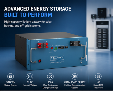 Greenrich 5kWh UP5000 1.5C (7500w/4960Wh) Lithium-iron Battery