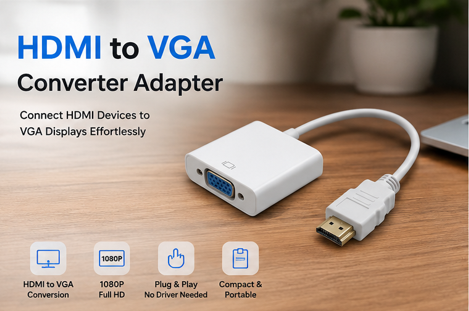 HDMI to VGA Converter Adapter – Full HD 1080P Display Converter | Plug & Play