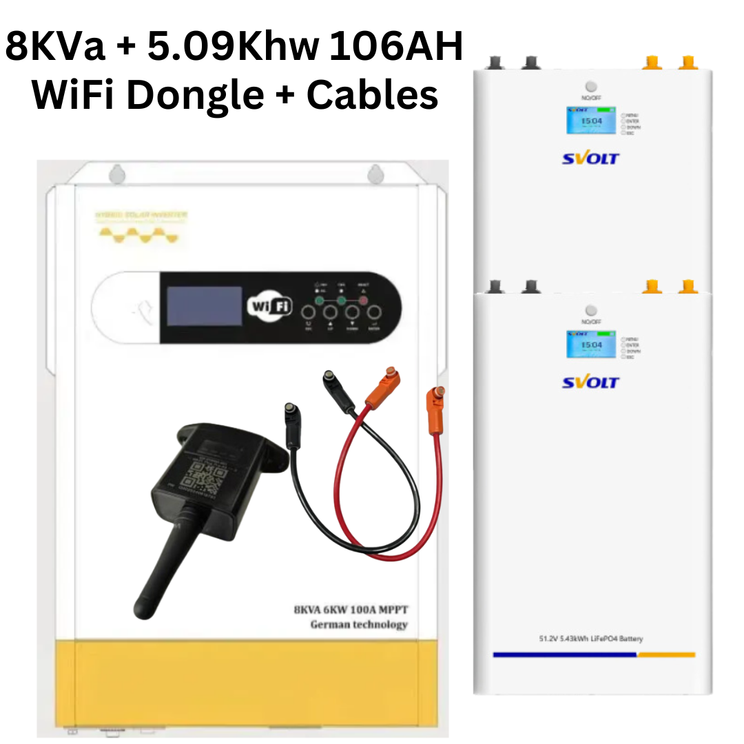 8KVA / 6000W FIVESTAR Hybrid Inverter + 2 x 5.09kWh SVOLT Lithium Batteries + WiFi Dongle plus Cables