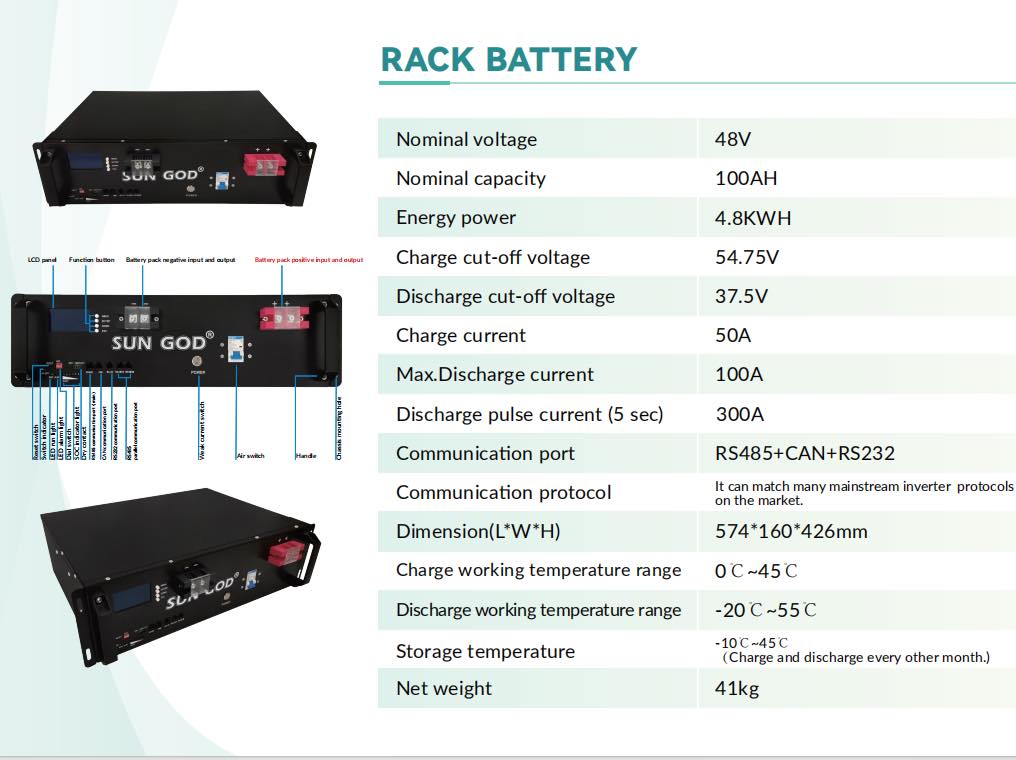 48V 4.8kWh 100AH Lithium-ion Battery LifeP04 Battery Pack Rack - SUNGOD