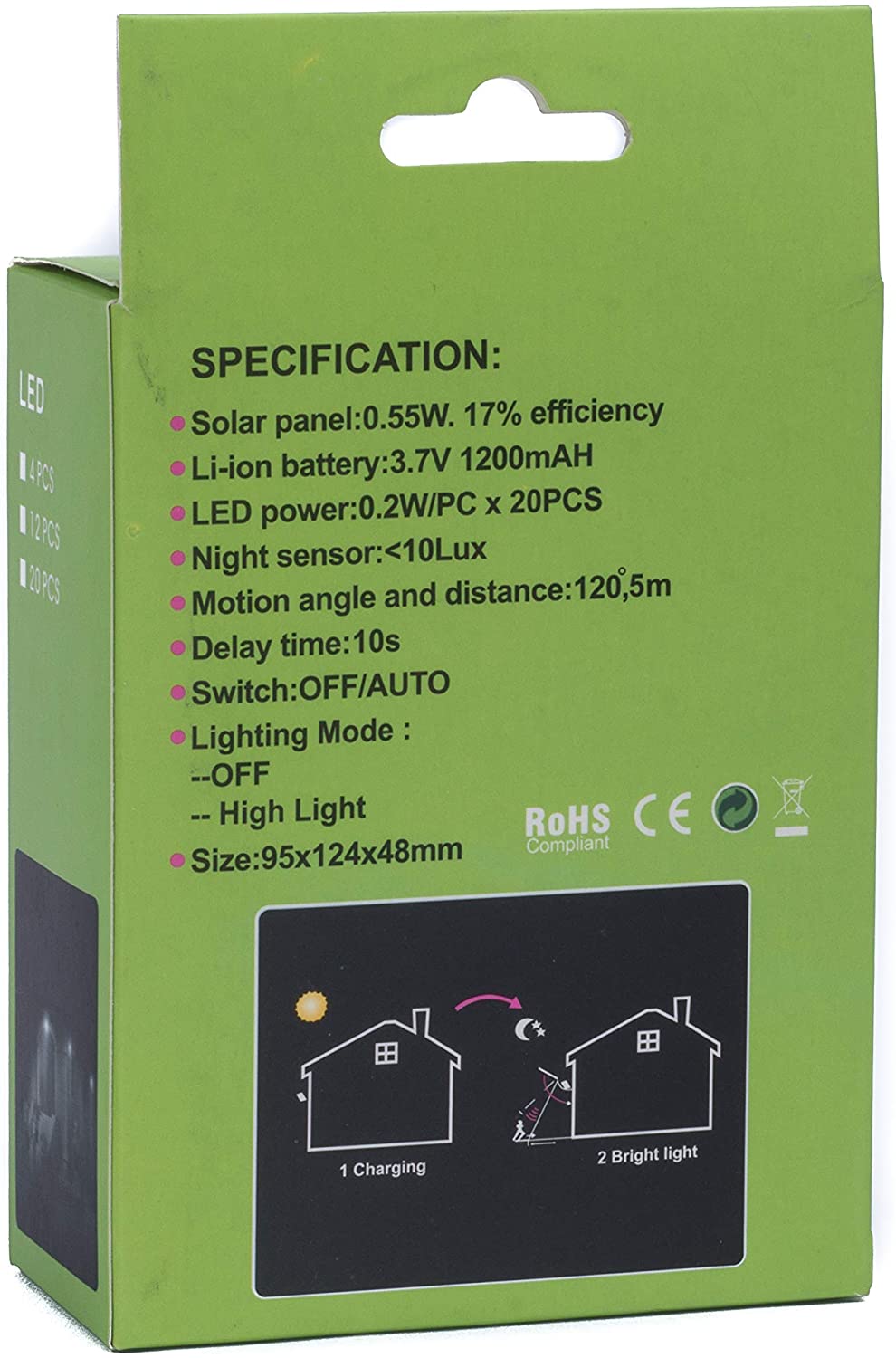 Solar Powered LED Wall Light, Motion PIR Sensor and CDS Night Sensor - 20 LED